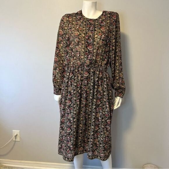 Vintage Floral Midi dress flowy long sleeves earthy tone floral medium size - Picture 8 of 9